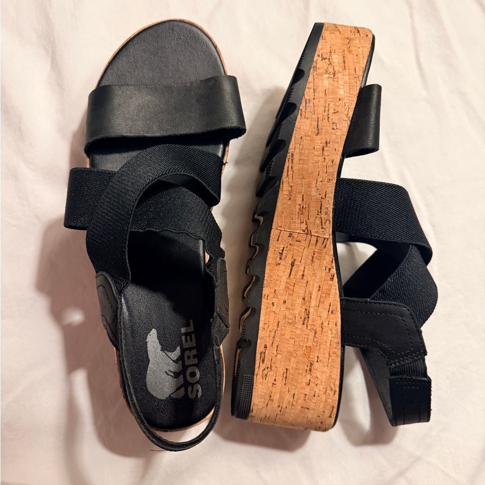 Sorel Black Wedge Sandals with Cork Sole